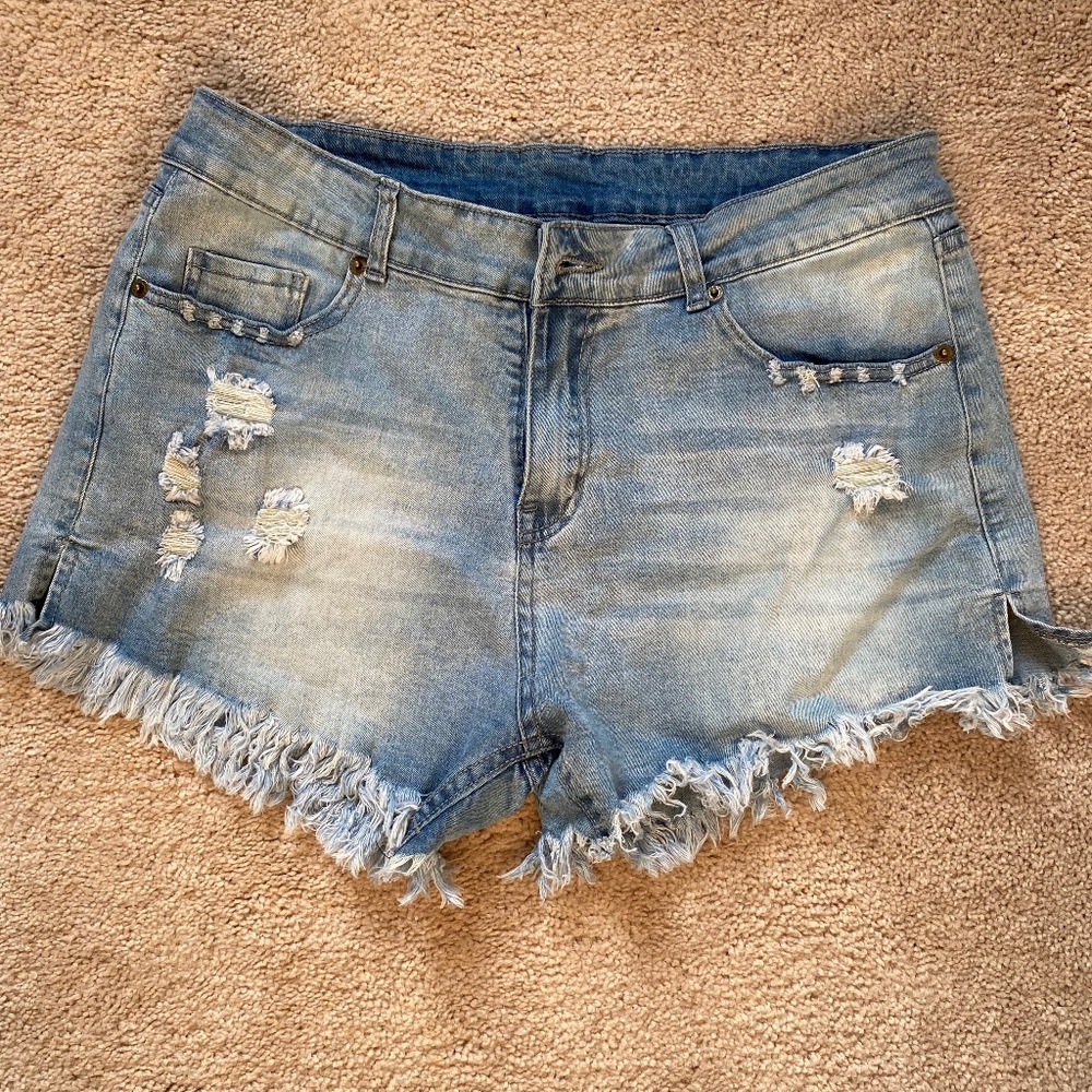 Dark AND light wash fringe denim shorts